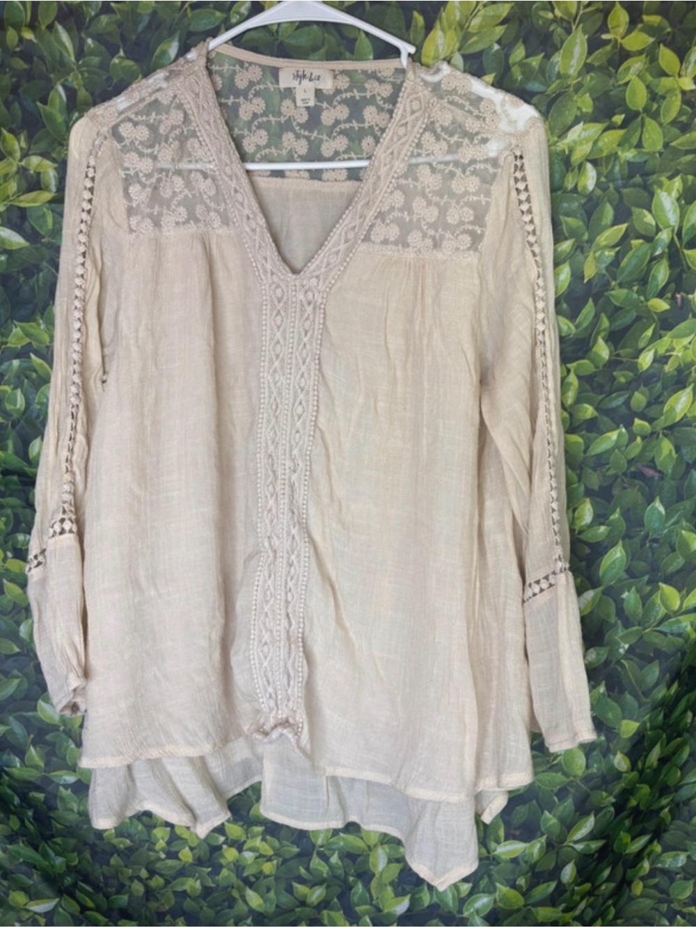 Style & Co. Cream Crochet Trim V-Neck Blouse